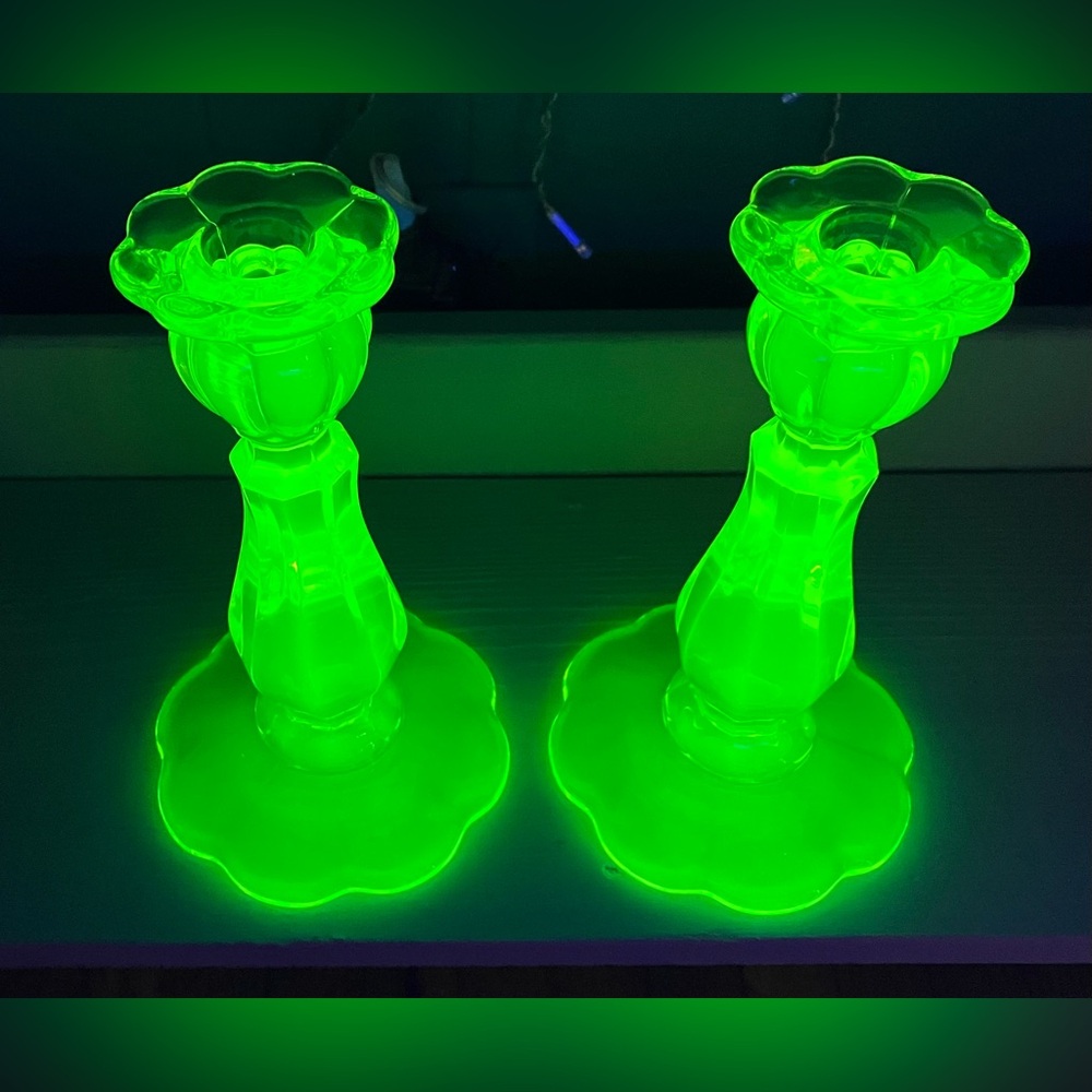 RARE Mosser Luminous Uranium Vaseline Green Yellow Glass Candlestick Holders